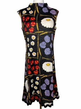 Vintage 70s Black Floral Dress Lettuce Hem Mod Prairie Cottage